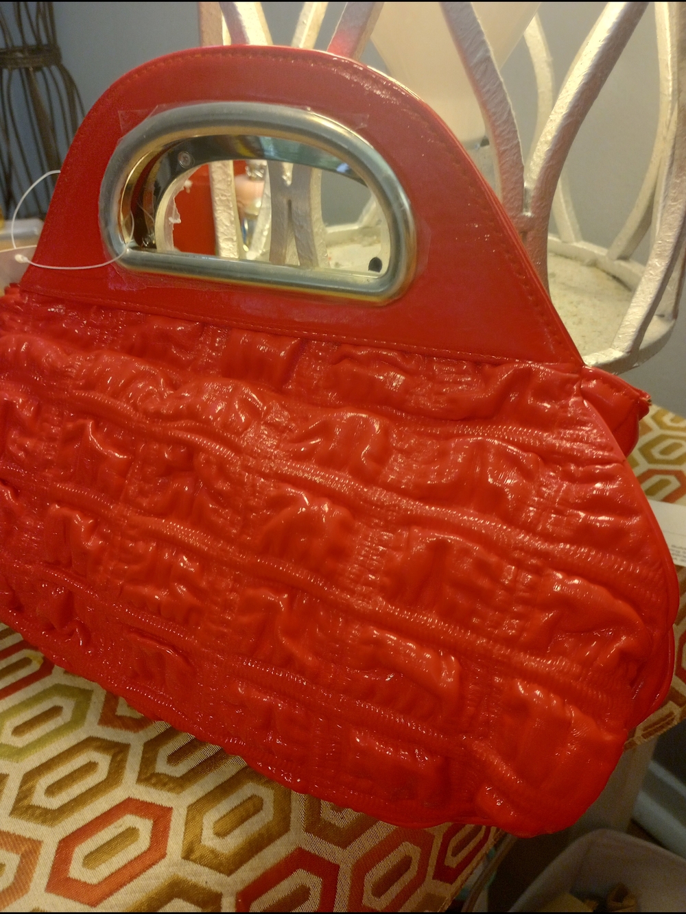 Red Ruffled Handbag with Silver Accent - Picture 3 of 14
